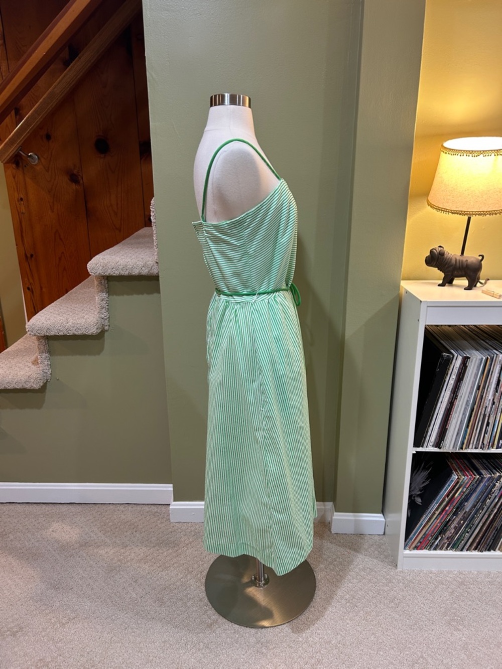 Vintage 70s 80s Green Striped Sundress Floral Embroidered Cottagecore M - Picture 4 of 10